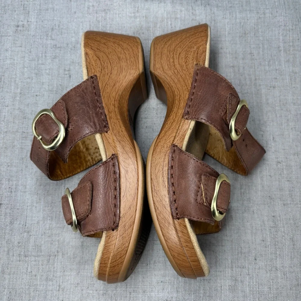 Dansko Sophie Brown Leather Dual Strap Buckle Wedge Slide Sandals Eu Size 37